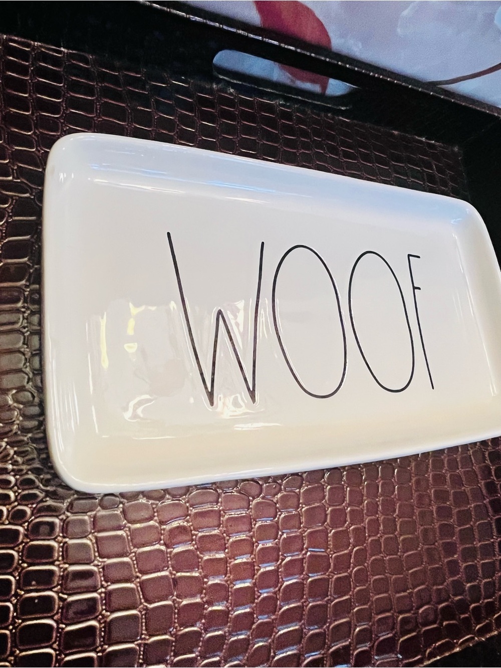 Rae Dunn “Woof” GUC White Ceramic Trinket Tray w/Small Nick on Left Corner - Picture 3 of 7